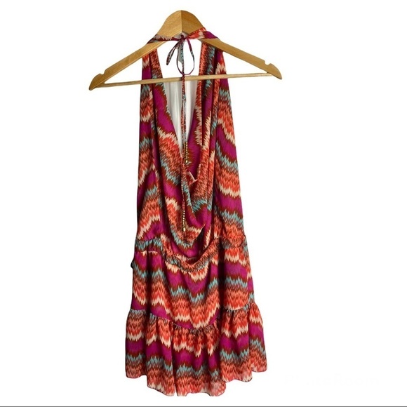 Vanita Rosa Zig Zag Ikat Pink Red Halter Neck Sleeveless Caftan Mini Dress - Picture 4 of 7